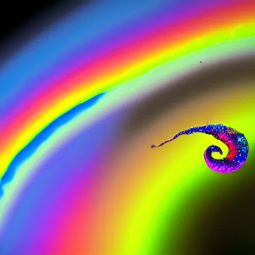 Image similar to A Hyper Space Snail leaving a Trail of Oil Slick Rainbow while it performs violin for the insect kingdom HDR