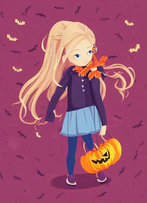 Image similar to three year old girl with long blonde hair in a halloween scene. she is carrying a candy bucket. clean cel shaded vector art. shutterstock. behance hd by lois van baarle, artgerm, helen huang, by makoto shinkai and ilya kuvshinov, rossdraws, illustration, art by ilya kuvshinov