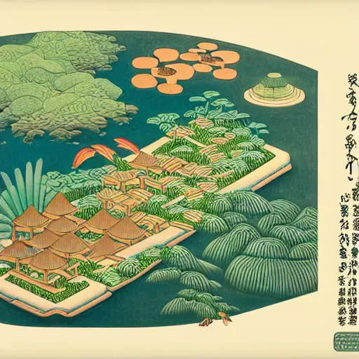 Prompt: 3d isometric botanical illustration of a small city in an island surrounded by water, diego rivera in Ukiyo-e style variation 2, HD