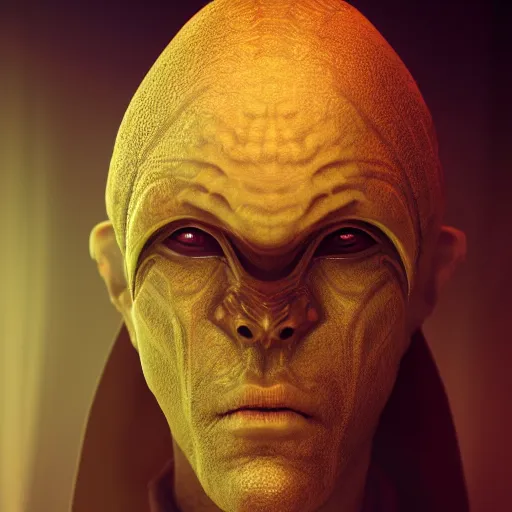 Image similar to portrait of an alien priest, renaissance style, star wars character, volumetric lights, symmetry, headpiece, trending on artstation, sharp focus, leica, studio photo, intricate details, highly detailed