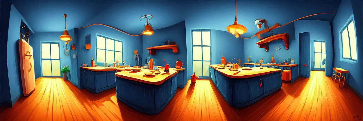 Prompt: fisheye spiral lines, naive, extra narrow, detailed illustration of a kitchen, large floor, dimly lit by rhads from lorax movie, trending artstation, dark blue floor