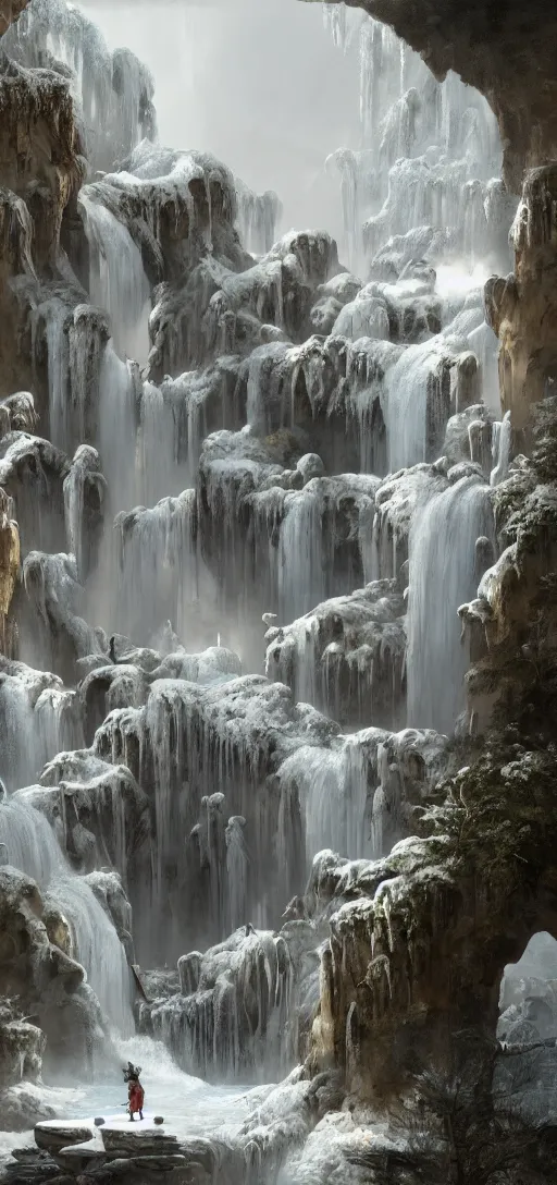 Prompt: a gigantic palace made of crystal stone with arches and bridge on top of a waterfall in the snow, blizzard, a small stream runs beneath the waterfall, landscape, raphael lacoste, eddie mendoza, alex ross, concept art, matte painting, highly detailed, rule of thirds, dynamic lighting, cinematic, detailed, denoised, centerd