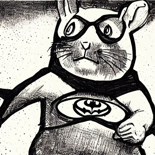 Prompt: A comic book drawing of a hamster sitting on Batman's shoulder, paper texture