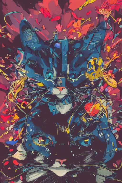 Prompt: maximalist intimidating cat, trending on pixiv fanbox, painted by makoto shinkai takashi takeuchi studio ghibli, akihiko yoshida, yoshitaka amano, wangechi mutu, clean cel shaded vector art. shutterstock. behance hd by lois van baarle, artgerm, helen huang, rossdraws, illustration