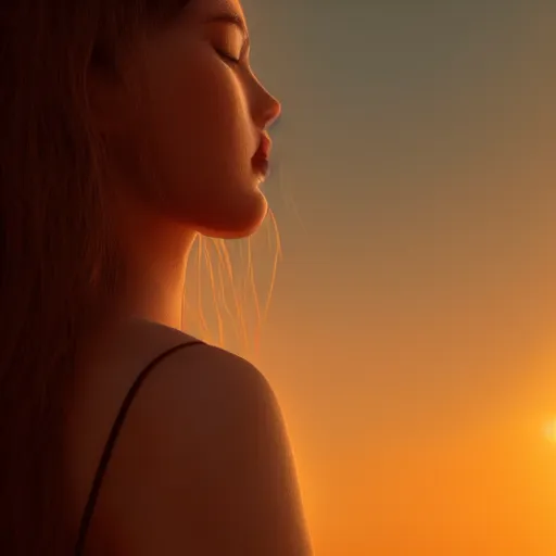 Image similar to aesthetic photo of a woman looking up with a sad expression at sunset, dslr, award winning, 8 k, octane beautifully detailed render, warm mood, cinematic lighting, detailed photo, masterpiece, volumetric lighting, ultra realistic, highly detailed, high quality, lossless, photorealistic, sharp focus, hd