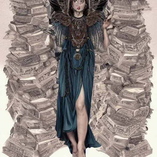 Prompt: a portrait of ornella muti as the goddess minerva surrounded by stacks of books, and owls, bioluminescent gown with deep level of detail of esoteric symbols, intricate, elegant, highly detailed, digital painting, trending on artstation, concept art, smooth sharp focus, illustration, art by artgerm and greg rutkowski