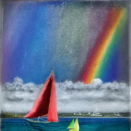 Image similar to balmy, melancholic crayon art, depth of field by willem kalf, by andy warhol, by randolph caldecott. a beautiful street art of a sailboat sailing on a sea of clouds, with a rainbow in the background. the sailboat is crewed by a group of monkeys, & the sails are billowing in the wind.