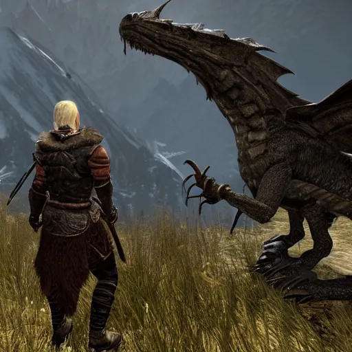 Prompt: joe biden tame a dragon in skyrim world. 8 k, hd, detailed.