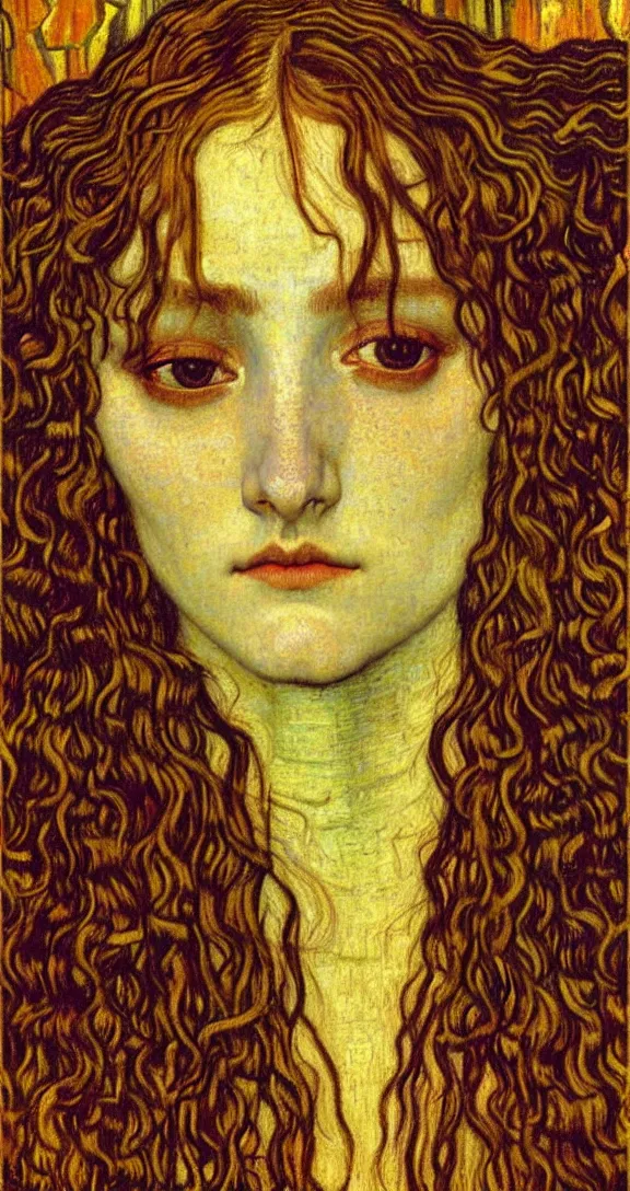 Image similar to detailed realistic beautiful young medieval queen face portrait by jean delville, gustav klimt and vincent van gogh, art nouveau, symbolist, visionary, gothic, pre - raphaelite, muted earthy colors, desaturated