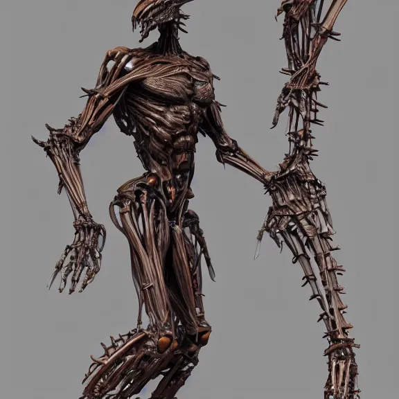 Image similar to highly detailed full body picture of a biomechanical statue, grotesque, bizarr, fleshy, character art, studio lightning, dark colors, intricate, masterpiece, photorealistic, hiperrealistic, sharp focus, high contrast, Artstation HQ, DeviantArt trending, 4k UHD, Unreal Engine 5