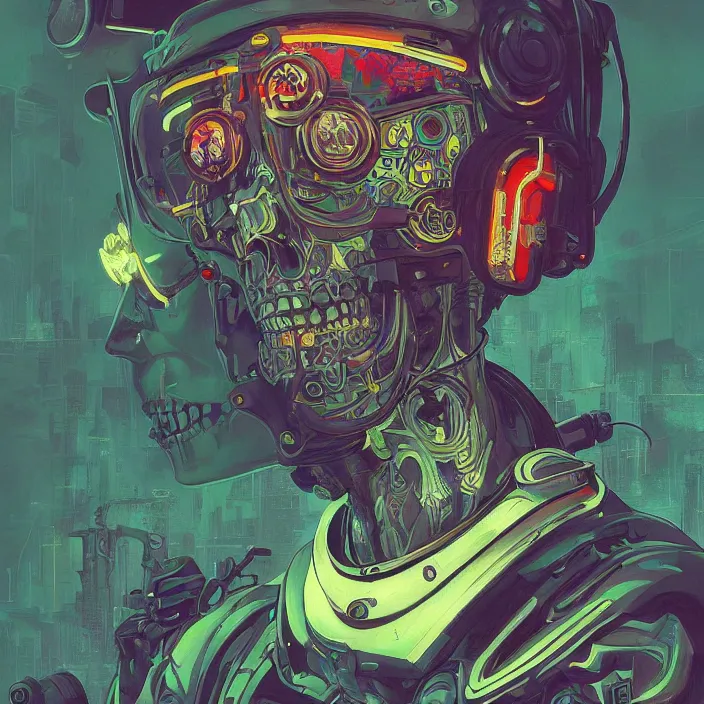 Image similar to a beautiful painting of a cyberpunk skull by simon stalenhag and pascal blanche and alphonse mucha. in style of digital art. colorful comic, film noir, symmetry, hyper detailed. octane render. trending on artstation