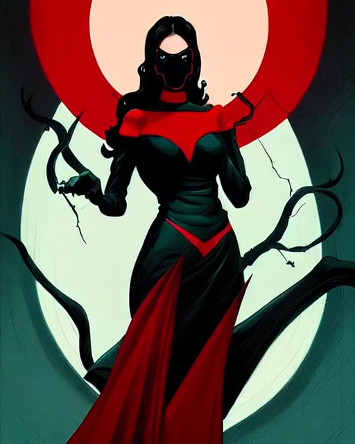 Image similar to rafael albuquerque comic art, peter mohrbacher, phil noto, artgerm, pretty evil elizabeth olson witch, black and red dress, symmetrical eyes