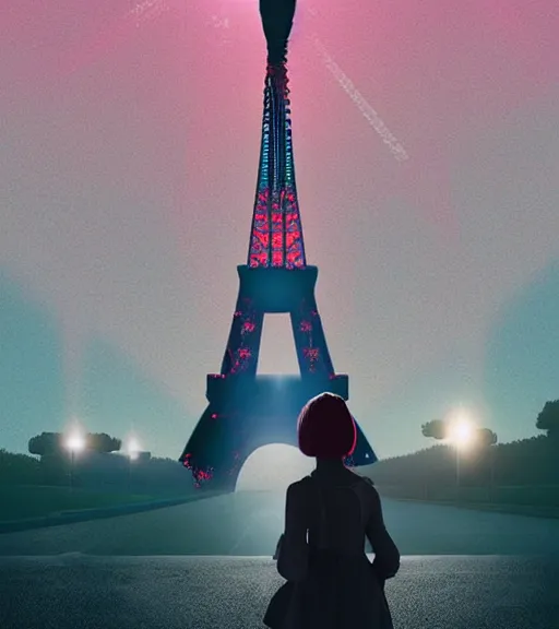 Prompt: a women wearing dress in the shape of eiffel tower. moody and melancholy. with a little bit of lens flare. digital art by beeple