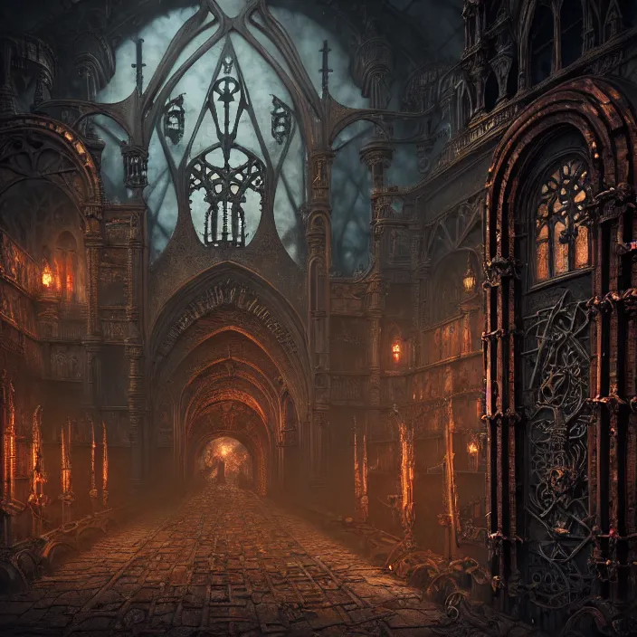 Image similar to steam necropolis, memento mori, gothic, neo - gothic, art nouveau, hyperdetailed copper patina medieval icon, stefan morrell, philippe druillet, ralph mcquarrie, concept art, steampunk, unreal engine, detailed intricate environment, octane render, moody atmospherics, volumetric lighting, ultrasharp, ominous, otherworldly