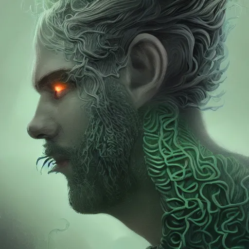 Prompt: side view of a man made of swirling smoke and tendrils of fog, with ivy, twilight colors and green, cinematic, highly detailed, digital painting, artstation, concept art, smooth, sharp focus, illustration