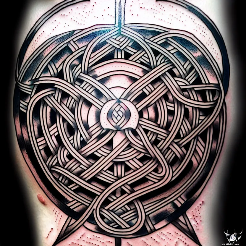 Image similar to shaded tattoo design, minimalist, knotwork with center viking warrior, extremely detailed, bold line art, by vincent di fate and joe fenton and artgerm, holding shield and sword, centered, inking, etching, screen print, inkblots of color, masterpiece, trending on artstation, sharp, high contrast, hyper realistic, hd, 4 k, 8 k