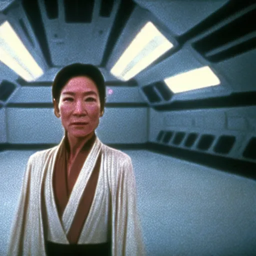 Prompt: michelle yeoh playing as luke sywalker in star wars ( 1 9 7 7 ) sharp focus, shallow depth of field, 4 k editorial photograph, cinematic lighting