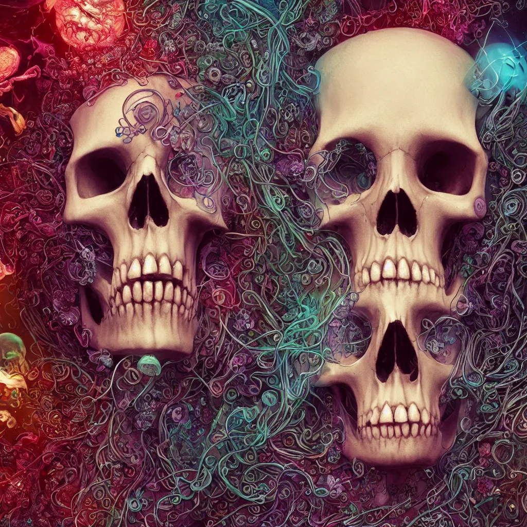 Image similar to close-up portrait goddess skull, thorax, x-ray, backbone, jellyfish phoenix head, nautilus, orchid, skull, betta fish, bioluminiscent creatures, intricate artwork by Tooth Wu and wlop and beeple. octane render, trending on artstation, greg rutkowski very coherent symmetrical artwork. cinematic, Triadic color scheme, hyper realism, high detail, black and white, octane render, 8k