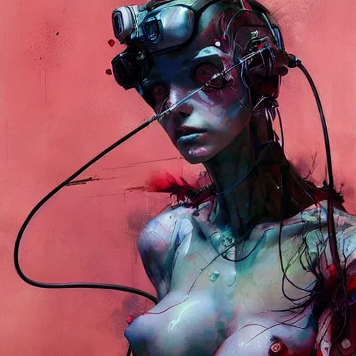 Image similar to female cyberpunk hacker dream thief, wires cybernetic implants, in the style of adrian ghenie, esao andrews, jenny saville,, surrealism, dark art by james jean, takato yamamoto