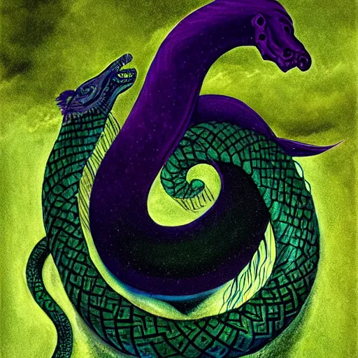 Prompt: Green purple indigo blue painting on black paper:: ancient Greek mythology illustration , a sea serpent wrapping around a submarine low angle:: tarot by Nele Diel