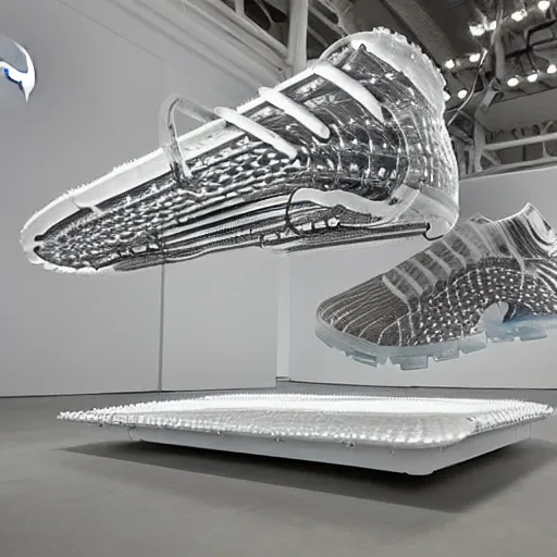 Prompt: a Nike vapormax shoe Made out of white plastic panels with rivets and joints like a cyborg mecha with spring suspension coils under sole designed by Vitaly Bulgarov. Inside a gallery. Doug Aitken style installation