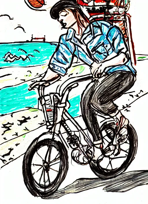 Prompt: drawing of a atlanta urban outfitters style riding a bike going to the beach