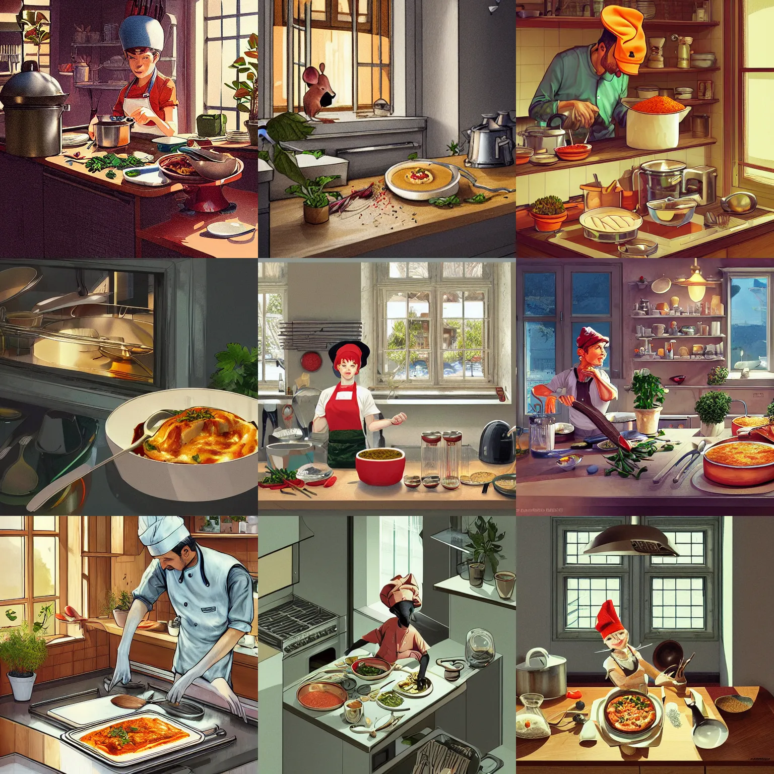 Prompt: mouse cooking lasagne in the kitchen, chef hat, spoon, pots, knifes, stove, kitchen counter, window, shelves, refrigerator, parsley, spices, plants, dramatic light, illustration by James Jean, Ilya Kuvshinov, Loish Van Baarle, highly detailed