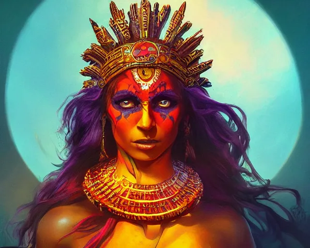 Image similar to aztec sun goddess, vivid colors, dark shadows, contrast, concept art, sharp focus, digital art, Hyper-realistic, 4K, Unreal Engine, Highly Detailed, Dramatic Lighting, Beautiful, by Brom, bastien lecouffe-deharme