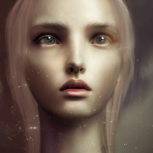 Image similar to A young beautiful female angelic-extraterrestrial-cyborg face with a very long neck, big detailed luminous eyes, thin nose, big lips, hair floating in the wind, Realistic, Refined, Digital Art, Pre-Raphaelite, Highly Detailed, Cinematic Lighting, rim light, dramatic, contrasted black and white, photo-realistic Unreal Engine, 8K