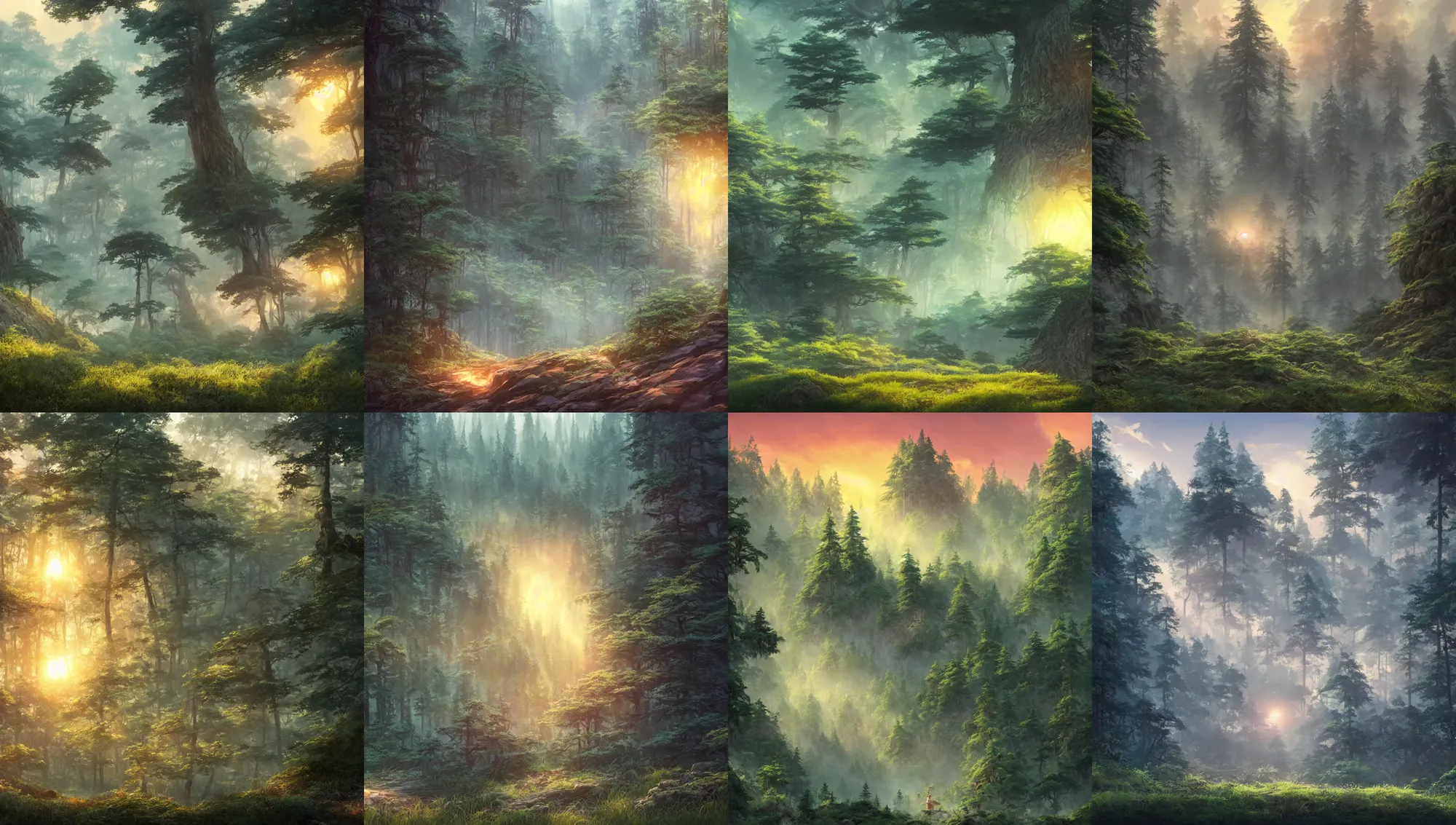 Prompt: forest clearing landscape, sunset, studio ghibli, pixar and disney animation, sharp, rendered in unreal engine 5, highly detailed, digital painting, artstation, concept art, smooth, sharp focus, illustration, wide angle, artbook, wallpaper, splash art, promo art, dramatic lighting, art by artgerm and greg rutkowski and bo chen and jin xiaodi