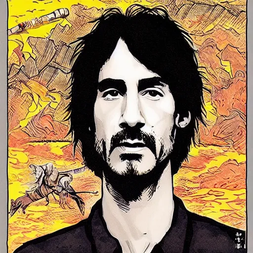 Prompt: attractive 22 year old Frank Zappa x Daniel Radcliff x Keanu Reeves golden Vagabond magic swordsman glides through a beautiful battlefield magic the gathering dramatic esoteric!!!!!! pen and ink!!!!! illustrated in high detail!!!!!!!! by Hiroya Oku!!!!! Written by Wes Anderson graphic novel published on shonen jump 2002 award winning!!!!