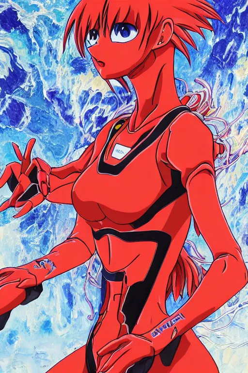 Image similar to Portrait of Asuka Langley Soryu from Evangelion, 8k, hyper detailed, insanely detailed and intricate, golden ratio, hypermaximalist, elegant, ornate, luxury, elite, ominous