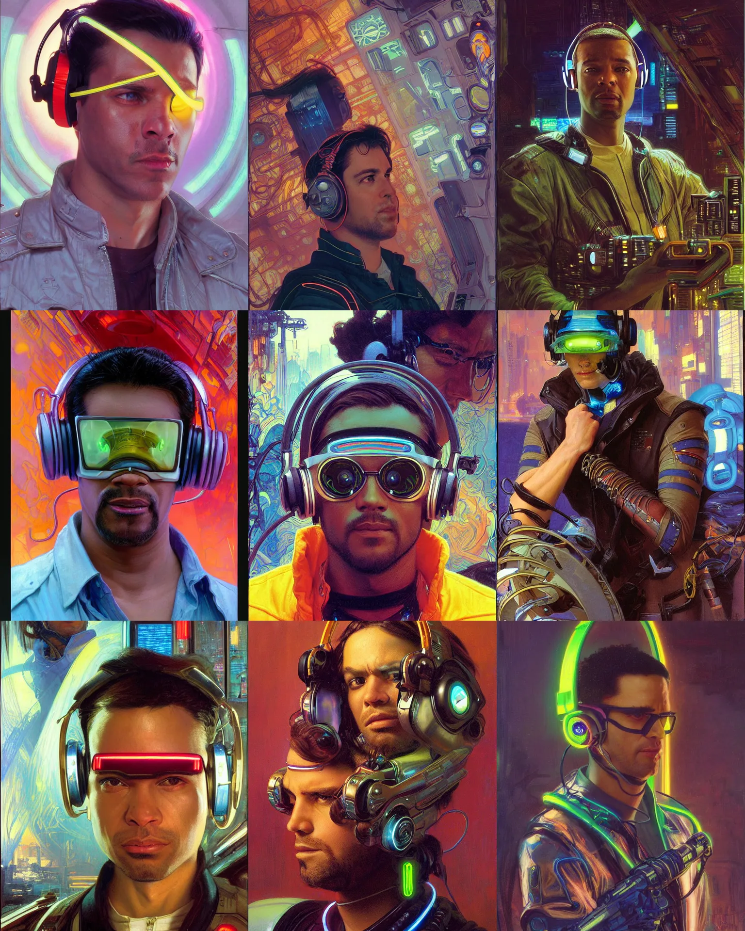 Prompt: digital neon cyberpunk male with geordi eye visor and headphones portrait painting by donato giancola, kilian eng, john berkey, j. c. leyendecker, alphonse mucha