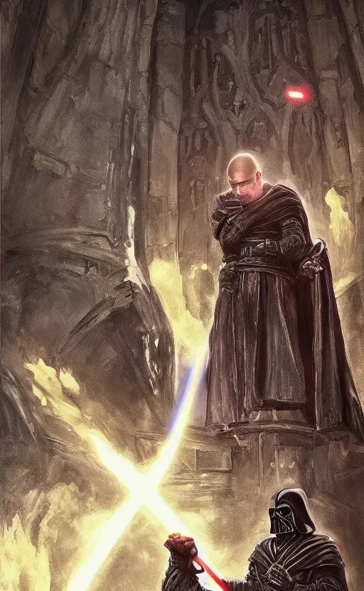 Prompt: « a beautiful painting of darth bane creating a rule of two in an ancient sith temple stylized as a catholic church, very realistic, trendin on artstation »