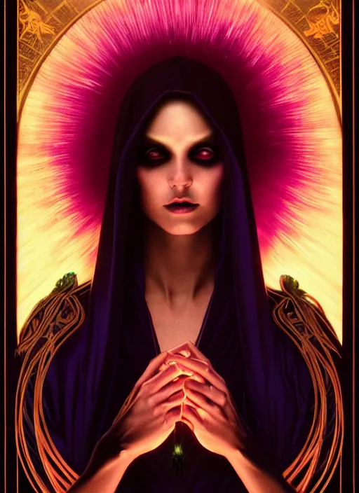 Image similar to book cover, front portrait, dark witch with black hood and evil eyes, realism, soft, smooth, luminescent, art nouveau tarot, backlit glow, colorful swirly ripples, gaudy colors, aesthetic octane render, unreal engine, 8 k, by artgerm, greg rutkowski, alphonse mucha