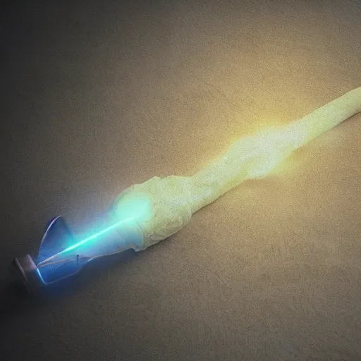 Image similar to ancient, extremely powerful wand emitting a magical glow, mystical, featured on artstation, octane render, photo realistic