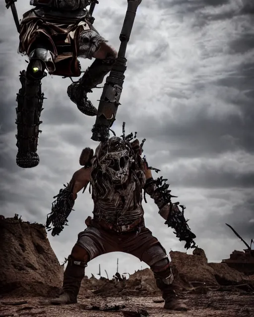 Image similar to photoshoot of the post apocalyptic warrior giant master blaster, in the style of mad max beyond the thunderdome and director george miller, cinematic