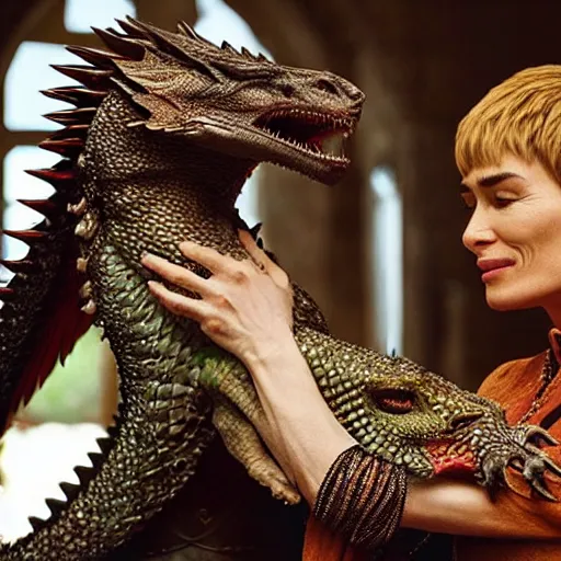 Image similar to “Cersei Lannister, petting her dragon”