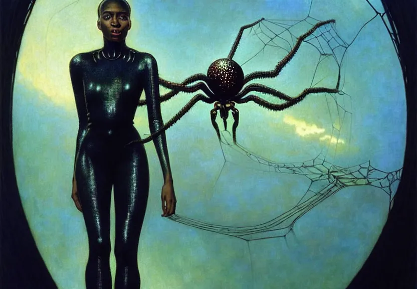 Image similar to realistic detailed portrait movie shot of a beautiful black woman in a transparent sheer suit raincoat dancing with a giant spider, futuristic sci fi landscape background by denis villeneuve, jean delville, monia merlo, ernst haeckel, alphonse mucha, max ernst, caravaggio, roger dean, sci fi necklace, masterpiece, dreamy, rich moody colours