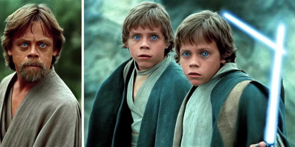 Image similar to A still of Mark Hamill as Jedi Master Luke Skywalker on the right and a young Jedi student on the left, in a Star Wars Sequel, 1990, Directed by Steven Spielberg, 35mm