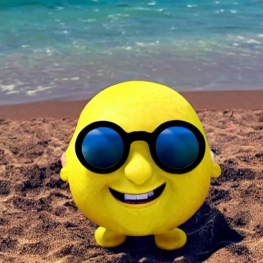 Prompt: a Pixar lemon character wearing sunglasses chilling at the beach