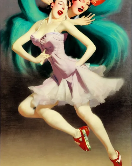 Prompt: hatsune Miku dancing by Enoch Bolles and Gil Elvgren