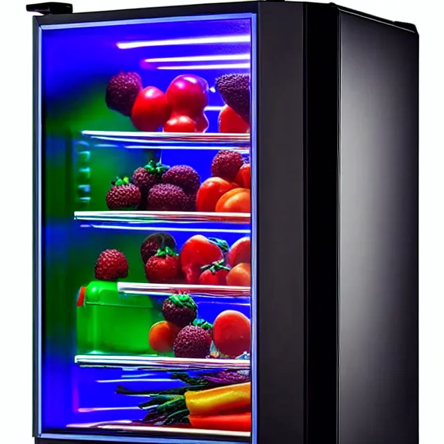 Prompt: rgb gaming fridge, highly detailed, 8 k, hdr, smooth, sharp focus, high resolution, award - winning photo
