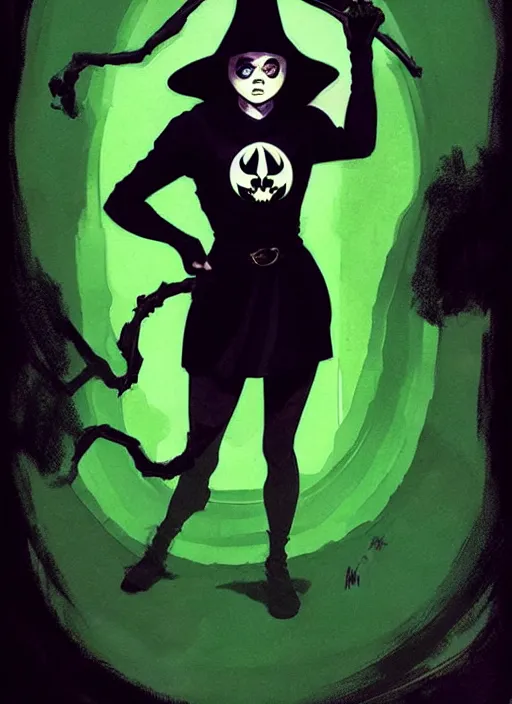 Prompt: rafael albuquerque comic art, peter mohrbacher, steve niles, phil noto, artgerm, pretty evil maisie williams witch, black and green dress, symmetrical eyes