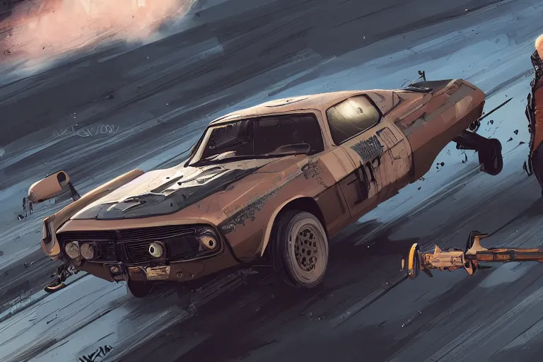 Prompt: digital illustration of mad max's [ [ [ [ yugo ] ] ] ] pursuit special, the last v 8 interceptor by makoto shinkai, ilya kuvshinov, lois van baarle, rossdraws, basquiat