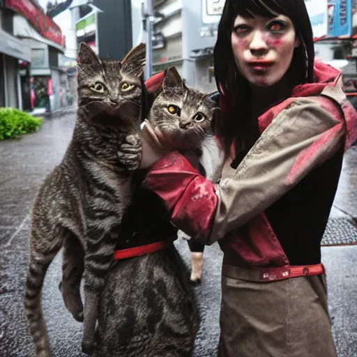 Image similar to pyramid head from silent hill petting a group of kittens in the rainy streets of Tokyo