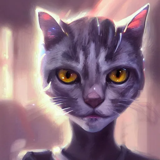 Image similar to A potrait of a cyborg cat with big and cute eyes, fine-face, realistic shaded perfect face, fine details. Very anime style. Realistic shaded lighting poster by Ilya Kuvshinov katsuhiro, magali villeneuve, artgerm, Jeremy Lipkin and Michael Garmash, Rob Rey and Kentarõ Miura style, trending on art station