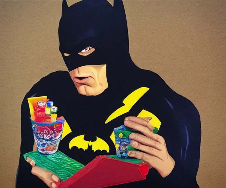 Image similar to “ treacher collins batman eating crayons from the box, photorealistic, hyperrealism, 8 k ”