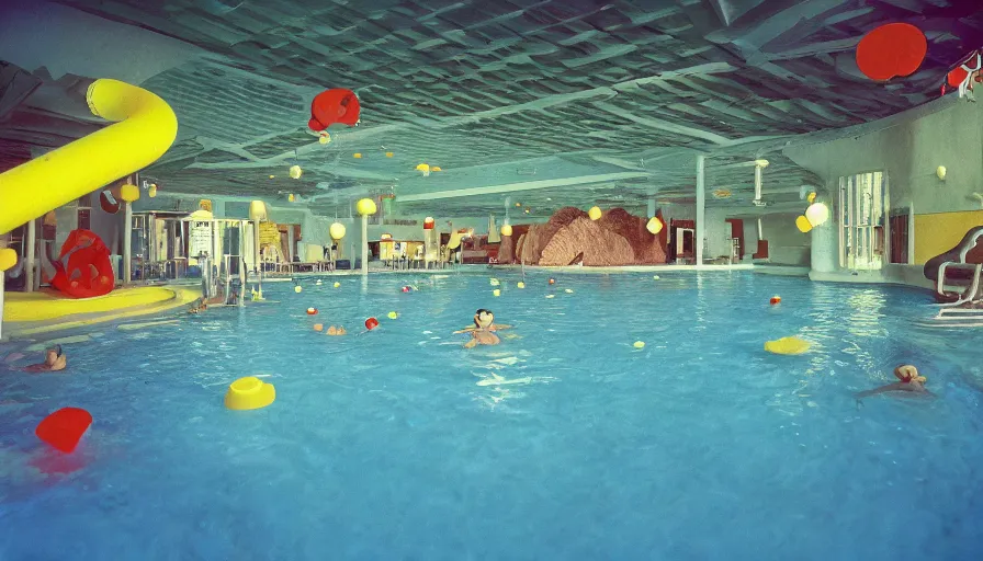 Prompt: 60s movie still of a Super Mario themed indoors swimming pool with plastic super mushrooms, green pipe water slides, plastic palm trees, cheap fluorescent lighting cinestill 800t 50mm eastmancolor, liminal Space style, heavy grain