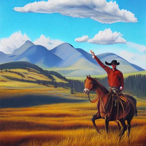 Image similar to surreal painting from a cowboy without a horse in front of the rocky mountains